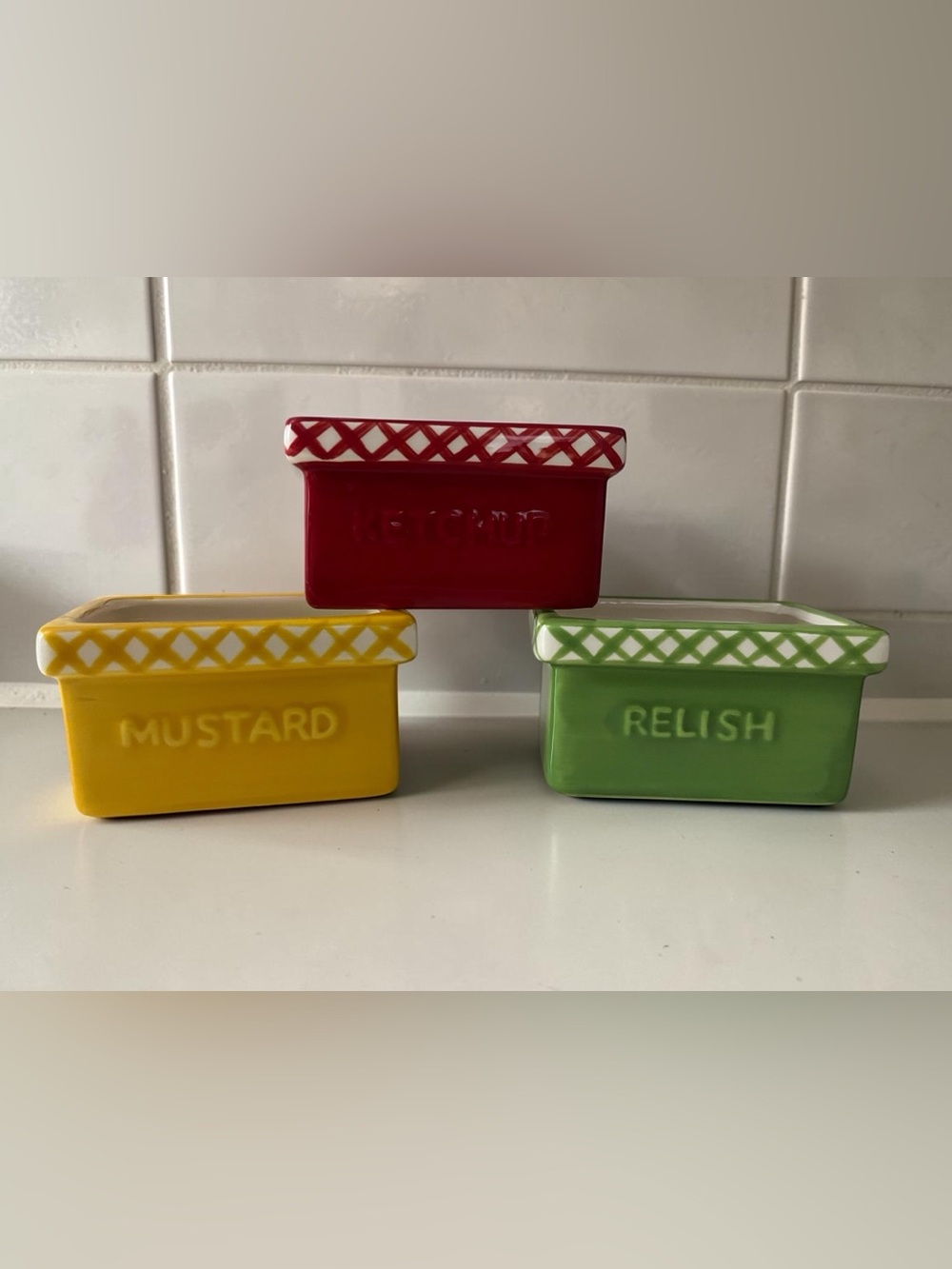 Pier 1 Imports Ceramic Condiment Dish Set - Ketchup, Mustard, Relish
